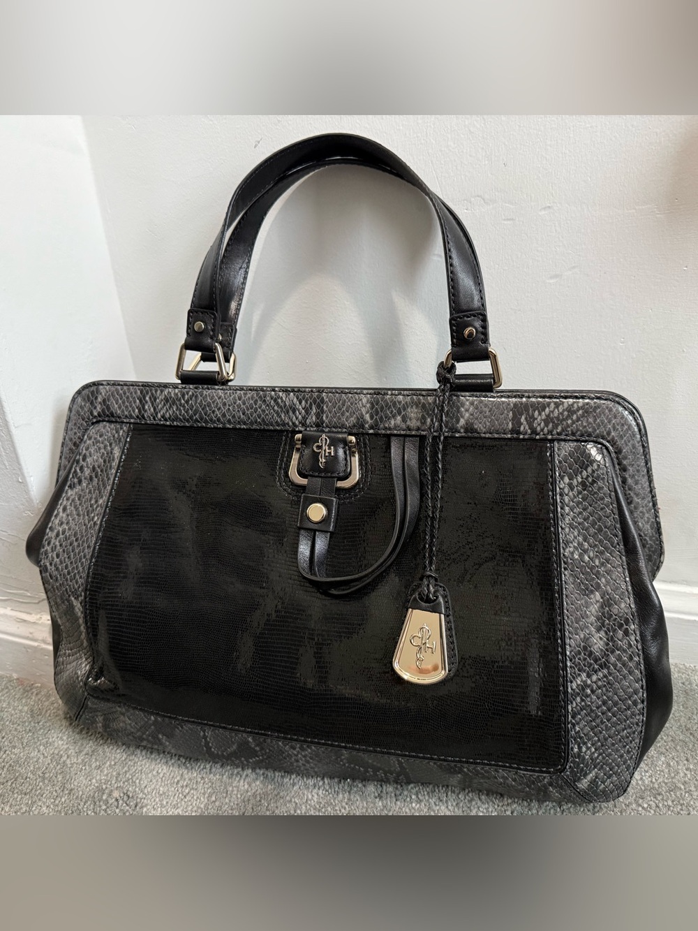 Cole Haan Black "Gracie Hayden Satchel" Handbag Purse - Snakeskin -  vintage 90s